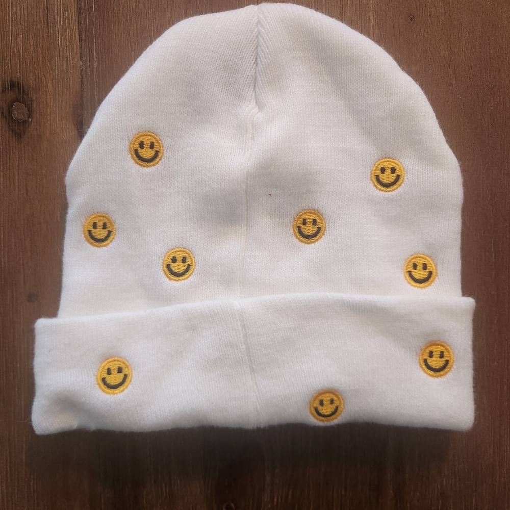 White Smiley Face Adult Beanie